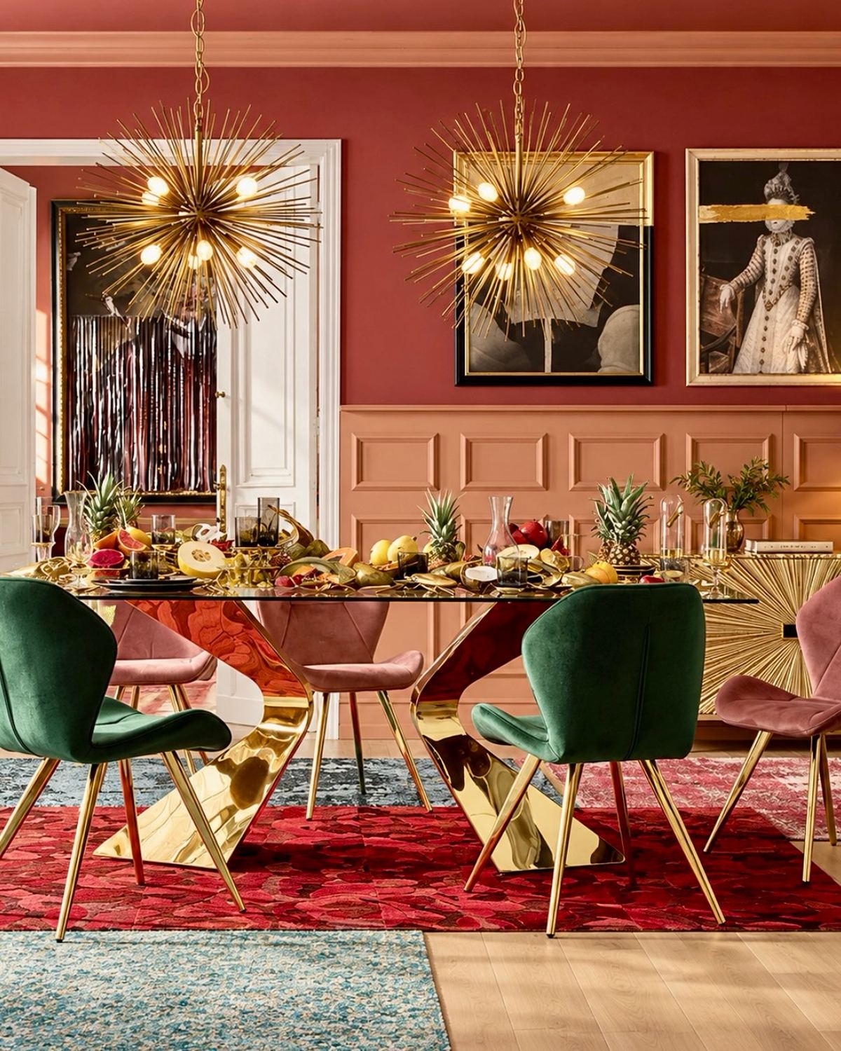 Comedor con lámparas doradas